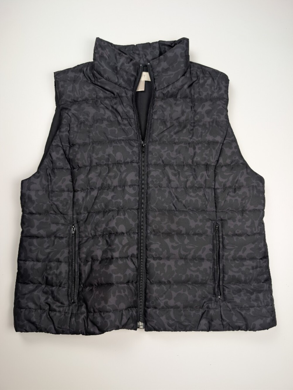 Ann Taylor LOFT Black Floral Camo Puffer Vest Full Zip Quilted Jacket Large